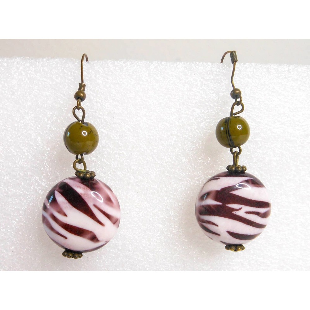 Vintage White & Brown Leopard Striped Drop Earrings